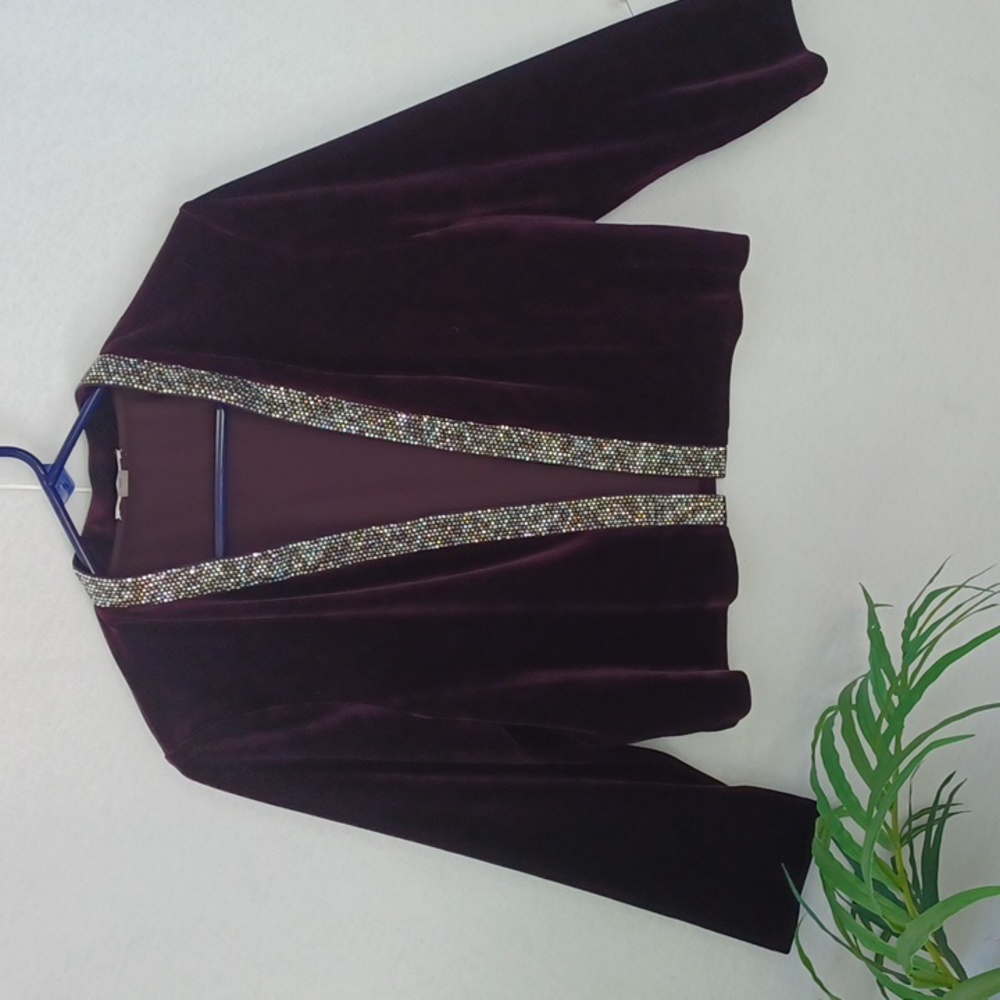 Calvin Klein Short Deep Eggplant Purple Velvet Jacket w/ Bedazzled Trim, Size LG